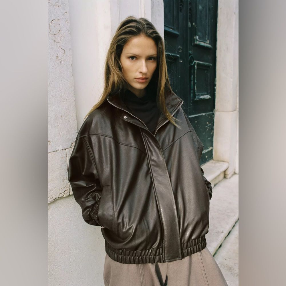 ZARA FAUX LEATHER HIGH COLLAR BOMBER JACKET - Picture 14 of 14